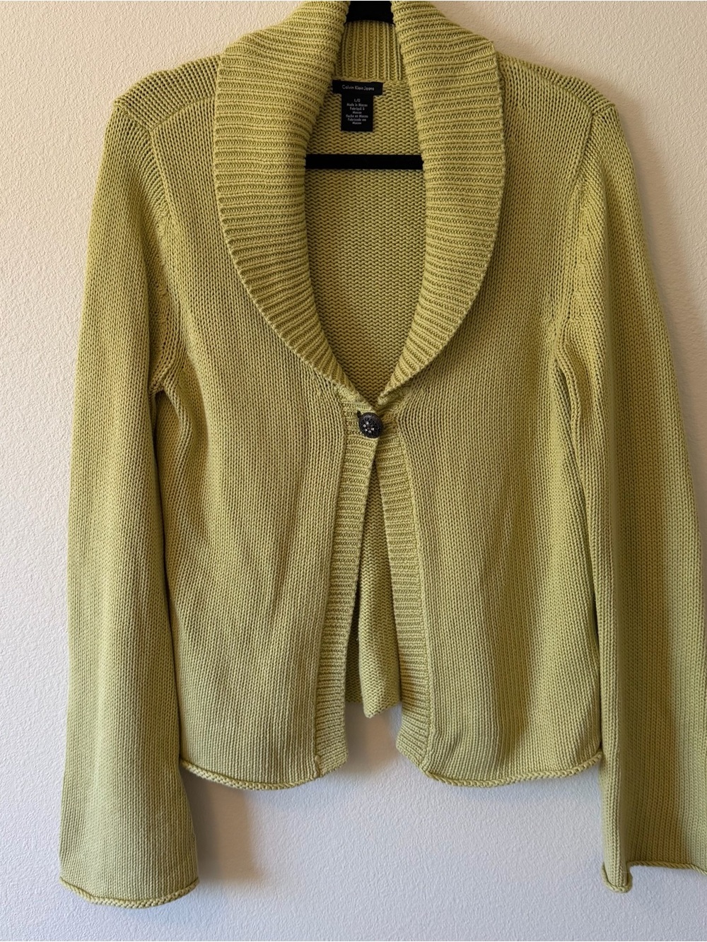 Calvin Klein Chartreuse Lime Green Shawl Collar Knit Cardigan Sweater Large